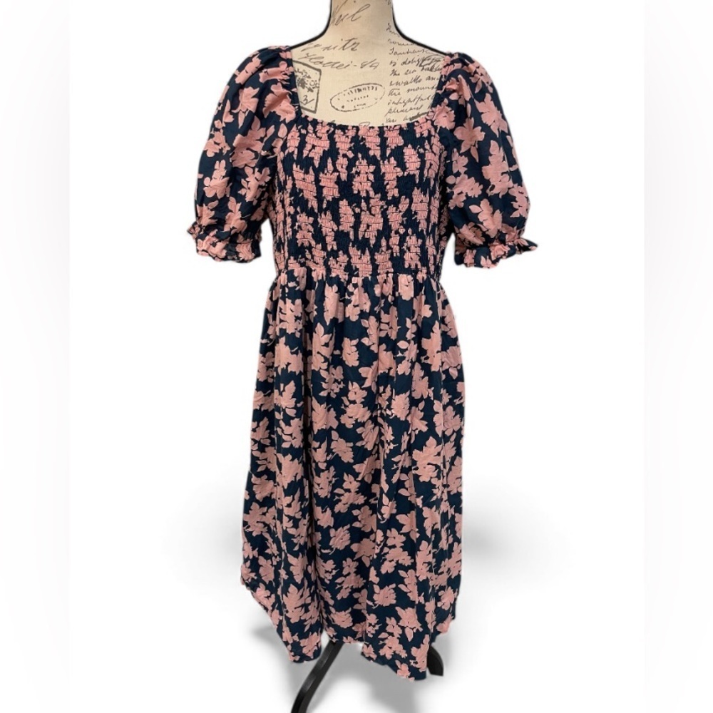 HATCH TheMaries Smocked Floral Midi Dress Navy Pink Puff Sleeve Cotton XXL